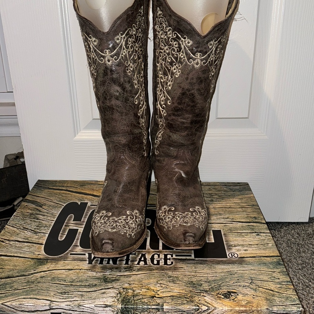 Corral Vintage Brown Crater Bone Embroidery Pointed Toe Cowboy Western Boots